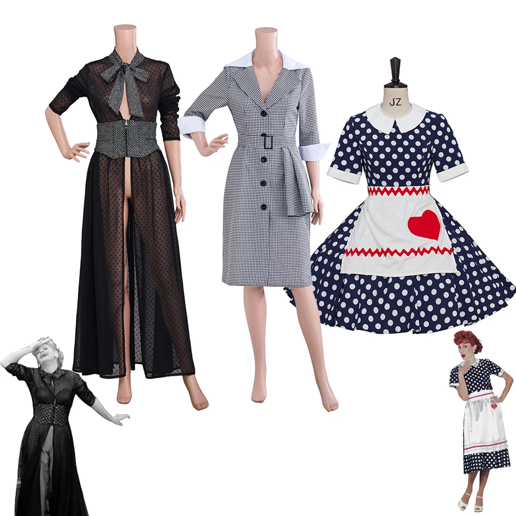 Image of Ich liebe das Lucy Cosplay Kostüm, das Hostessenkleid, das Lucy Ricardo gestreifte Kleid mit Kragen, den Mantel und das Rock-Set für Damen, das perfekt für Halloween, Karneval und Partys ist.