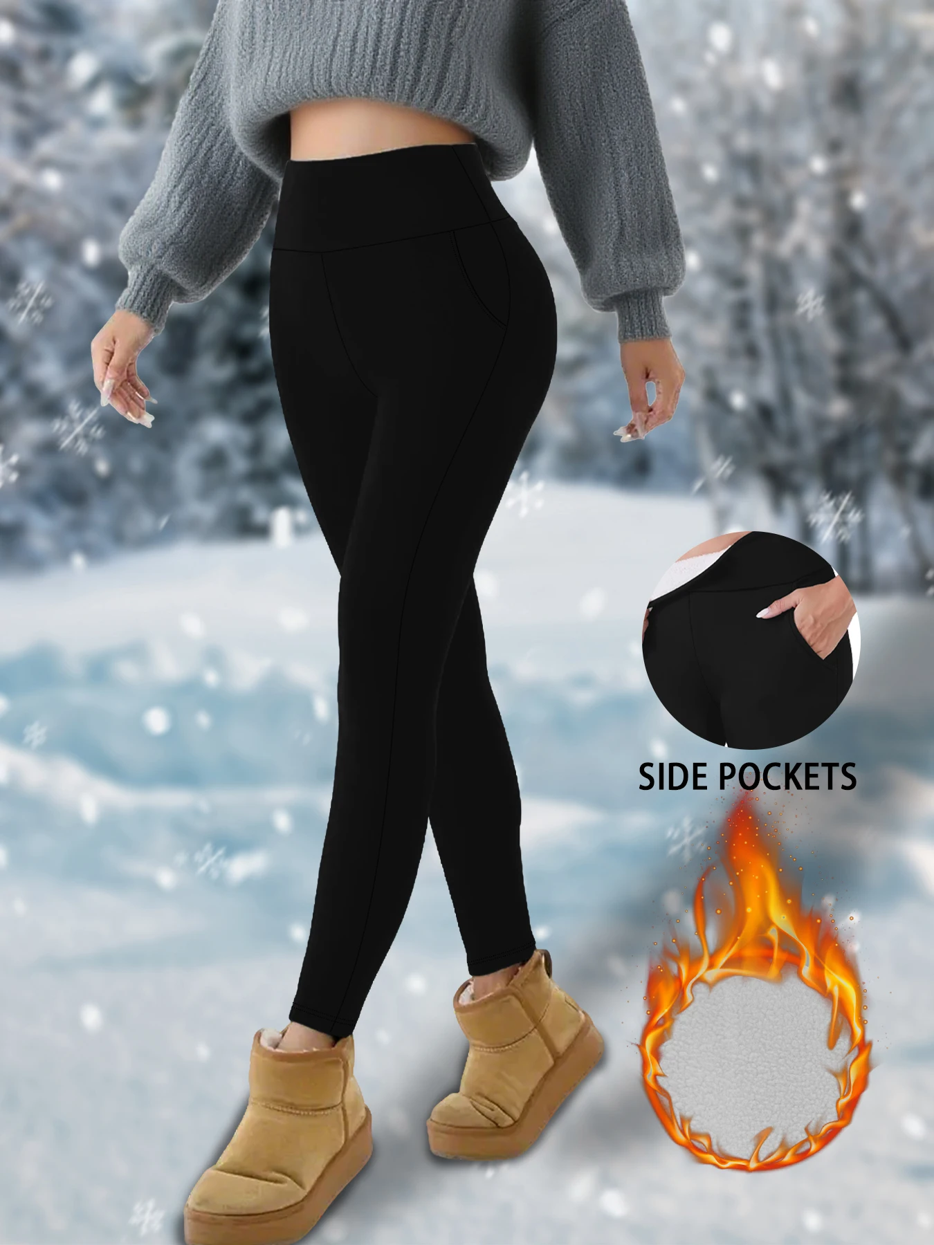 Women's thick fleece-lined leggings with high waist and pockets.thermal pants ideal for winter yoga running and outdoor workouts