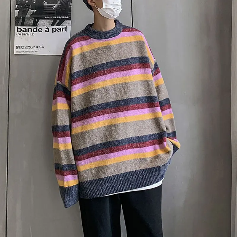 

Contrasting Colors Striped Sweaters Men's Clothing Casual Spliced Loose Autumn Winter O-Neck Vintage Commute Knitted Pullovers