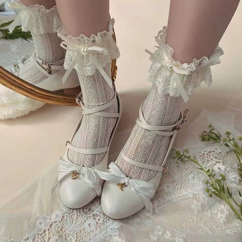 Damen Sommer-Frühlings-Baumwollsocken, dünne weiße Lolita-Spitzenstrümpfe, schwarze JK-Schleifensocken, süße mittelhohe Wadensocken im süßen Stil, Mädchen-Geschenk