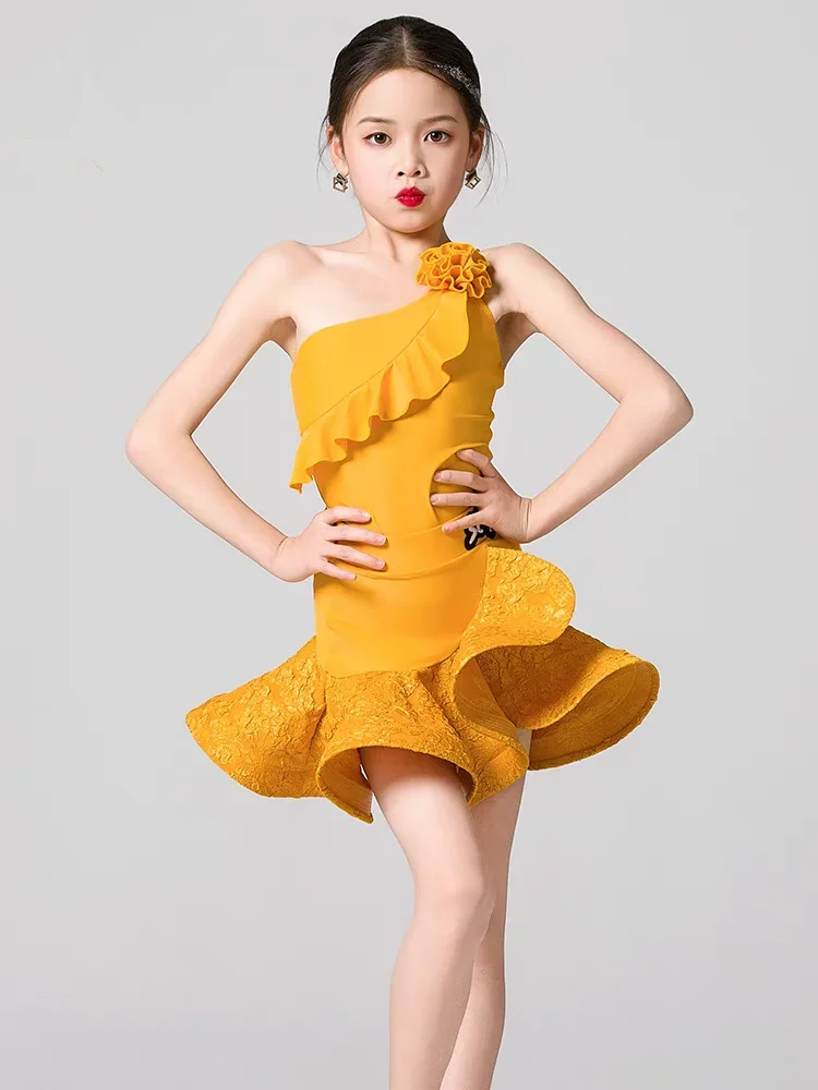 

Yellow Cha Cha Rumba Latin Dance Costume Girls Dance Dress Tango Dance Dresses Girl Performance Suit Kids Latin Practice Clothes