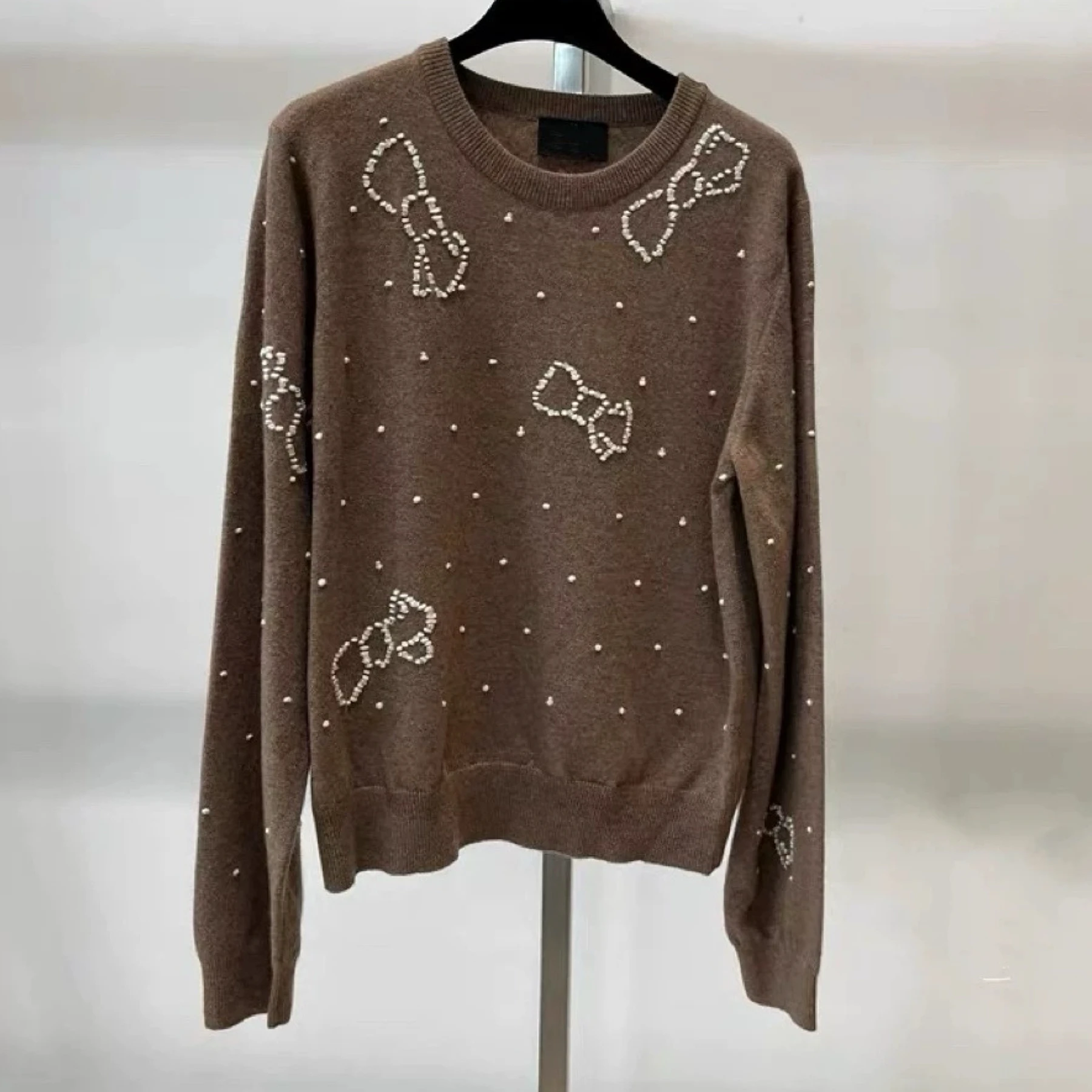 

Модный круглый вязаный свитер Ne из шерсти с узлом и стразами LAN25, осенне-зимняя женская одежда