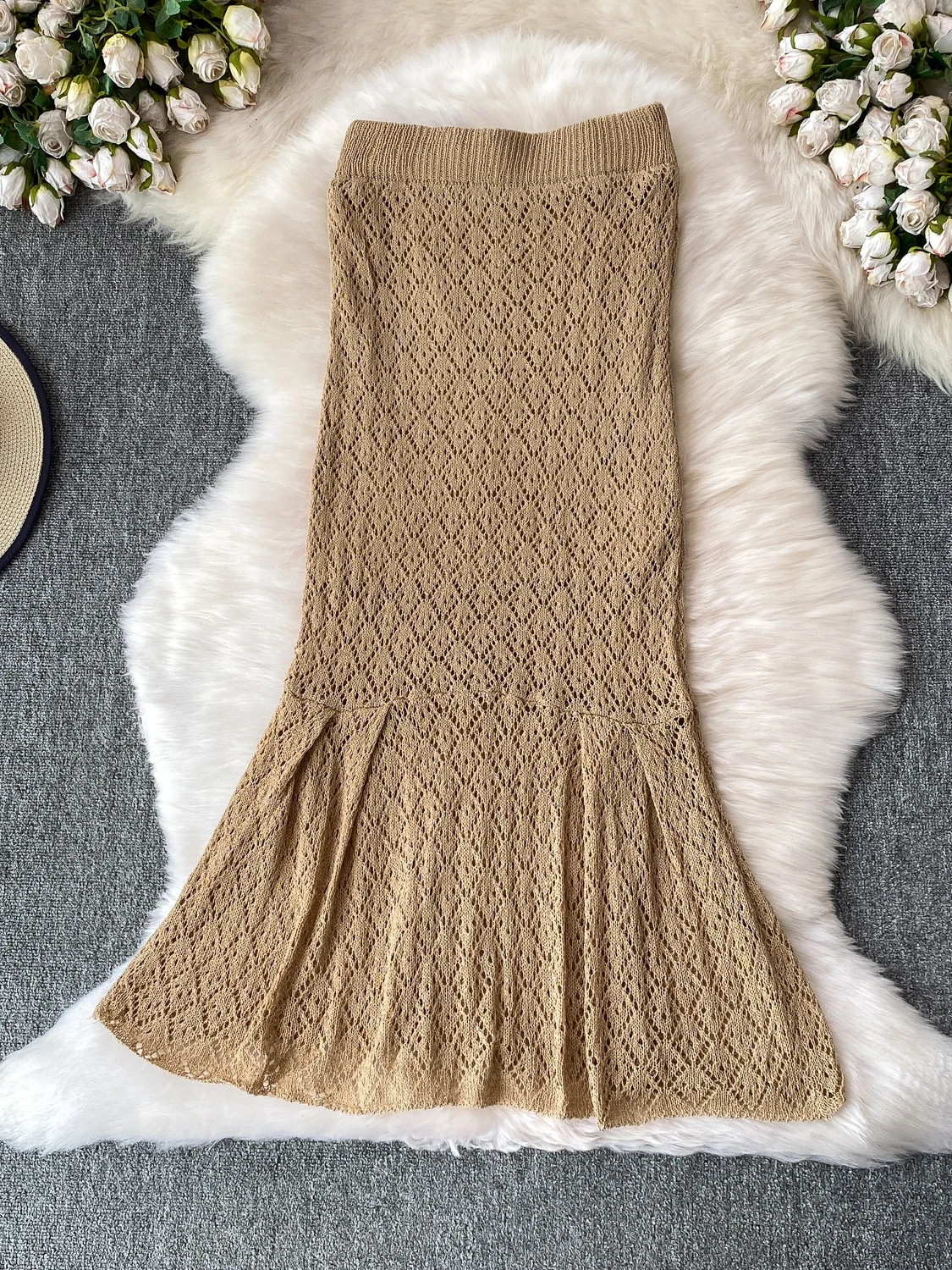 Bohemian Knitted Hollow out Mid-Length Skirt Women's High Waist Slimming Elegant Fish Tail Summer Beach Skirt