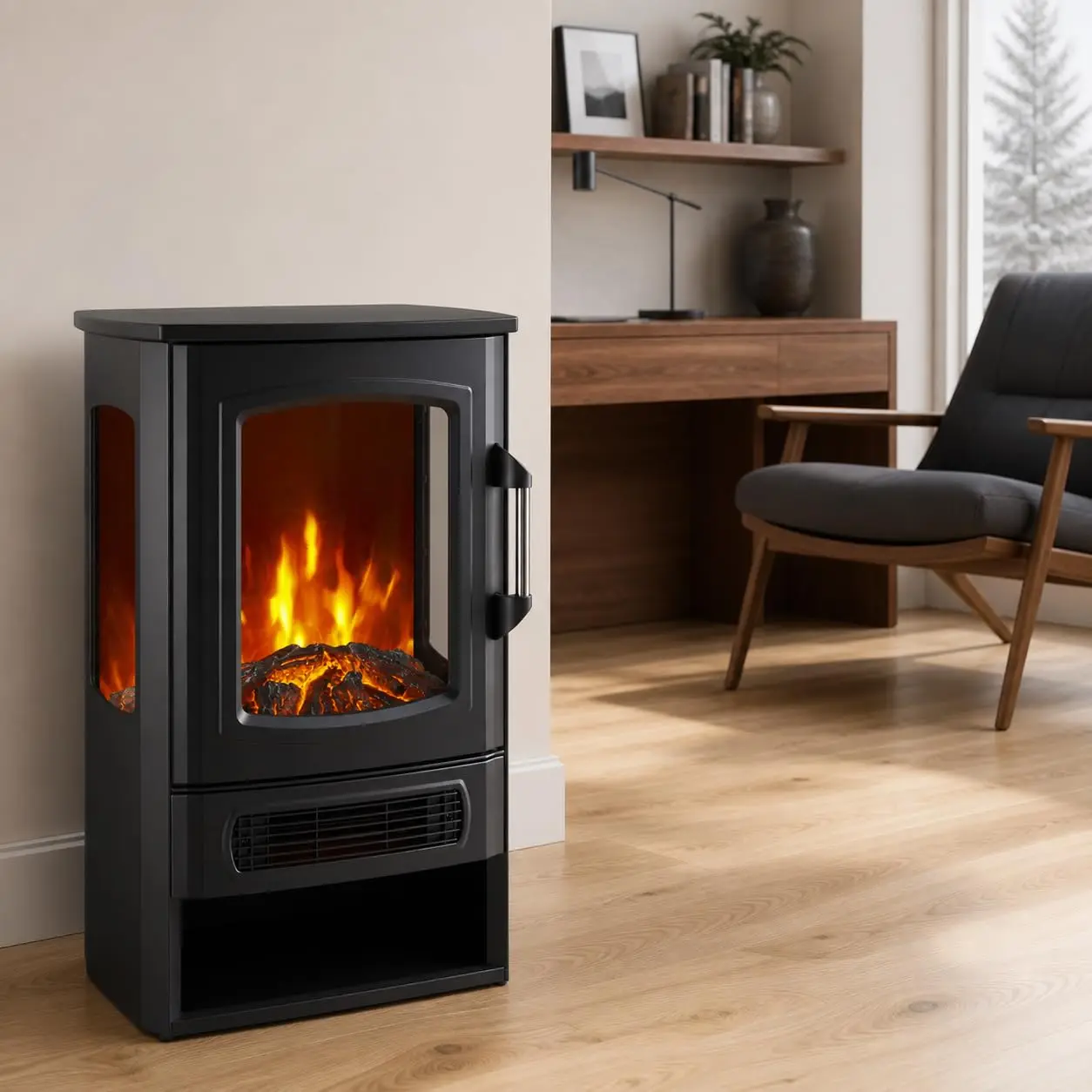 3 Sided Freestanding Electric Fireplace with Multicolor LED Flames, 1500W Heater, Flame Only Mode, Adjustable Thermostat, Remote Control, Quiet Operation, Ventless for Living Room Bedroom
