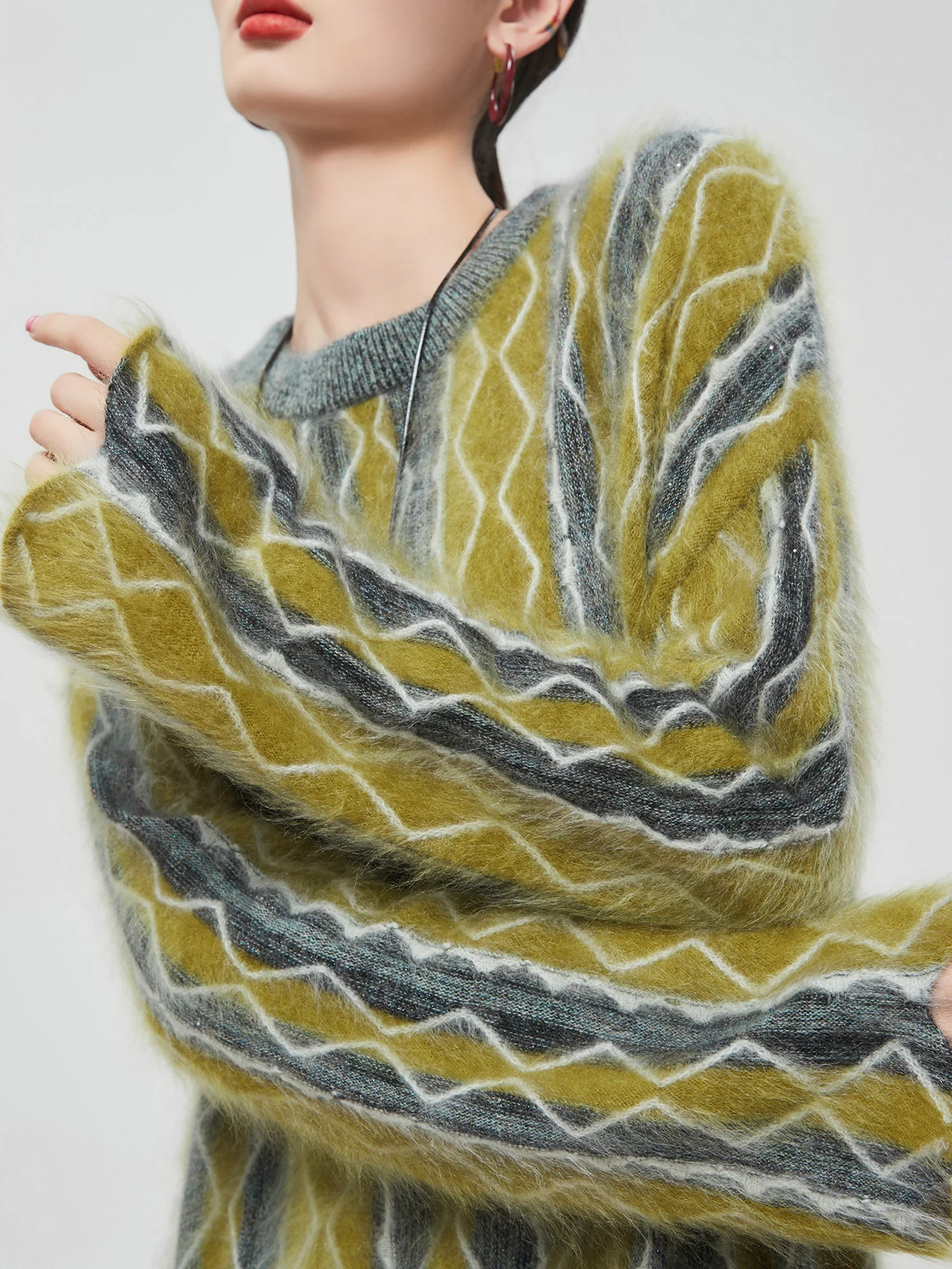 

een Retro round Ne Pullover Sweater Women's Winter New Sle Fluffy Lazy Soft Knitted Top Loose Fit Long Sve Polyester...