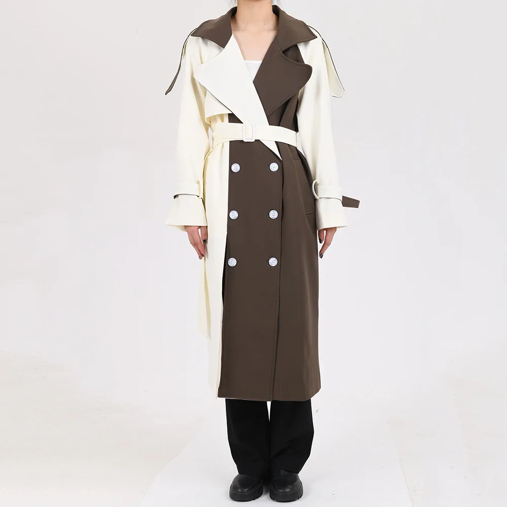 

Spring and autumn shoulder asymmetrical matching color color design Korean trench coat women's double breasted long jacket