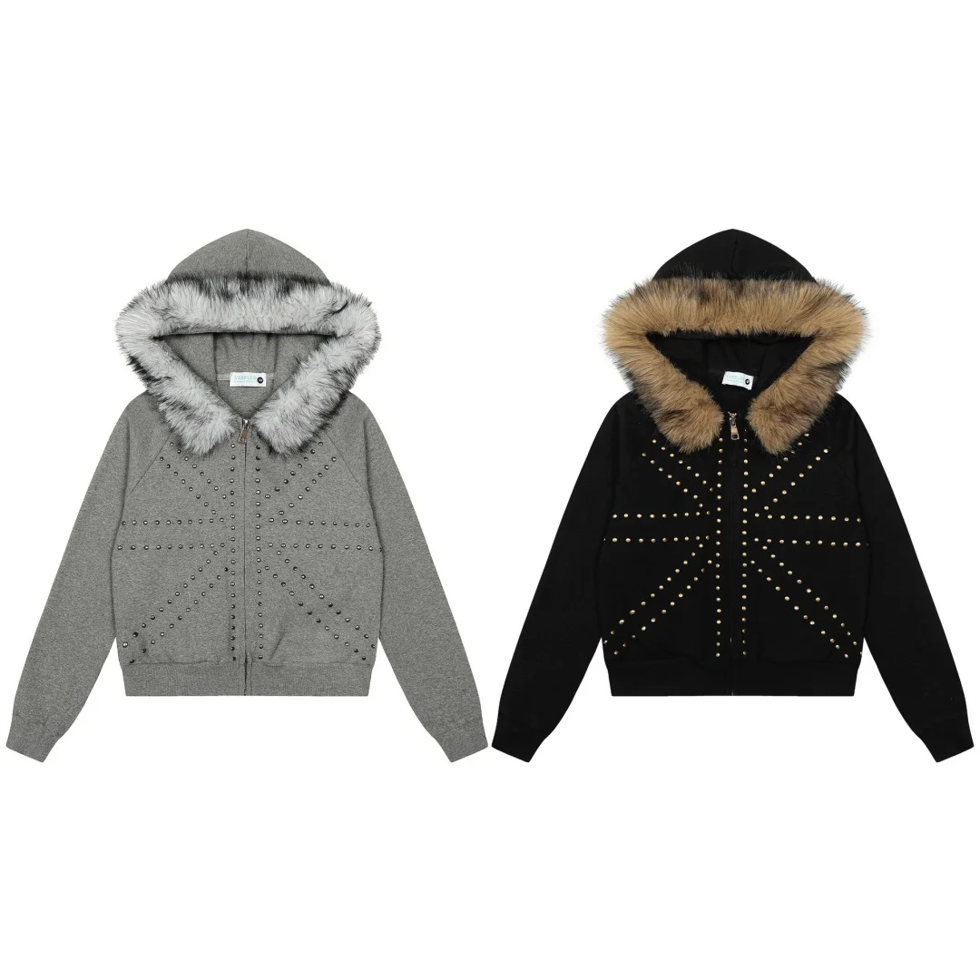 アメリカンヴィンテージ レベルガール エッジィネイルアートデザイン コージーフェイクファーカラー フード付きスウェットシャツ カーディガン