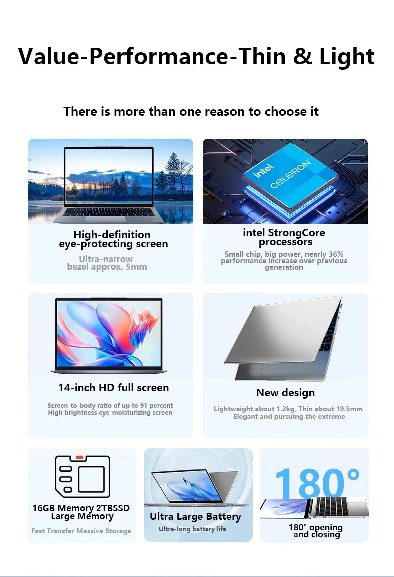 Portátil 2026 de 14.1 Pulgadas, 16GB RAM, 2TB SSD, Windows 11, Intel N3700, Ultra Delgado, para Juegos, Pantalla 1920*1080, Computadora para Oficina y Estudio