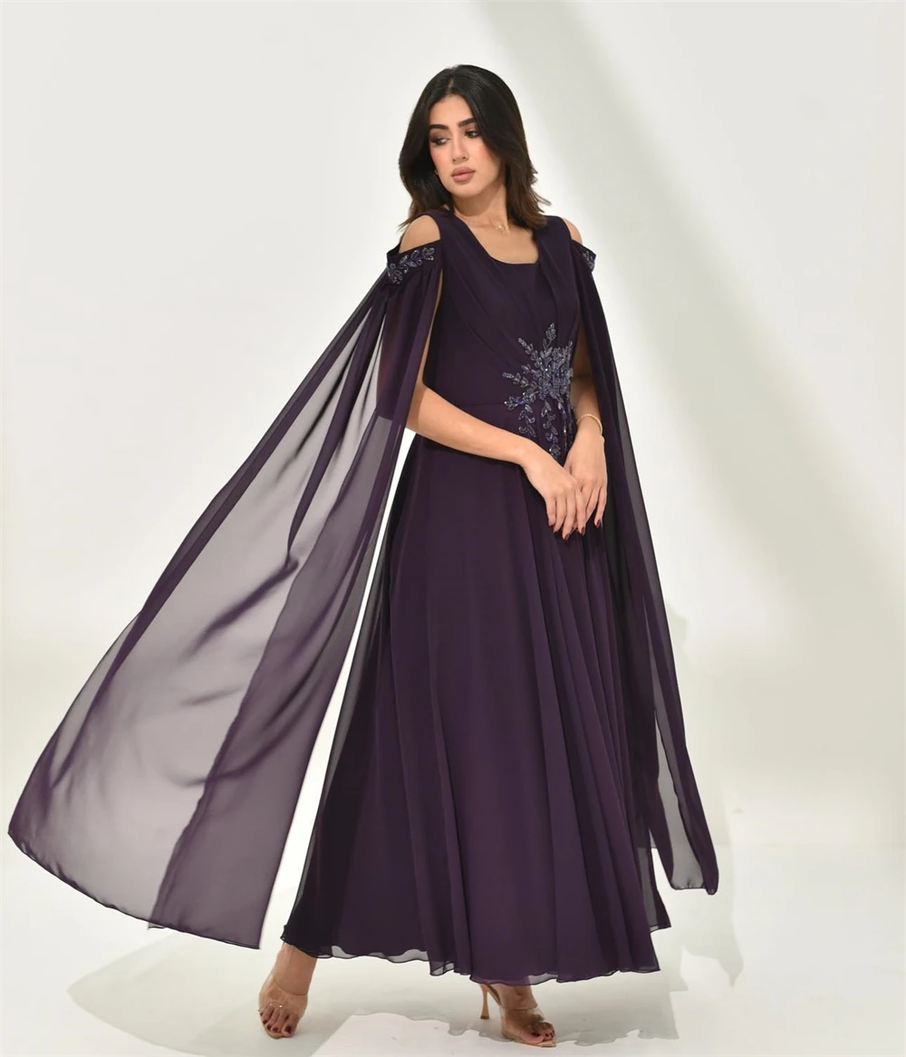 Ballkleid Saudi-Arabien modernen Stil von der Schulter A-Linie Applikationen Perlen Chiffon maßge schneiderte Anlass Kleider Ballkleider