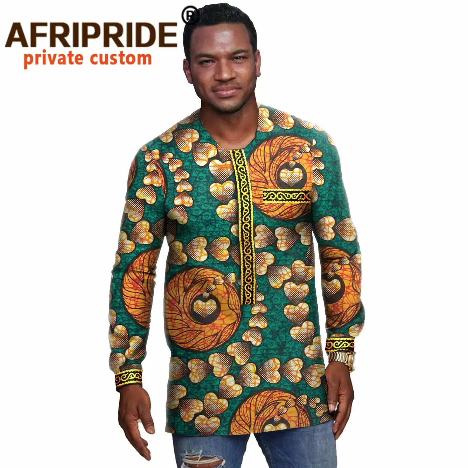 African Shirts for Men Print Shirt Crop Tops Long Sleeve O-neck Casual Blouse Plus Size Pure Cotton Bazin Riche Clothes A2112001