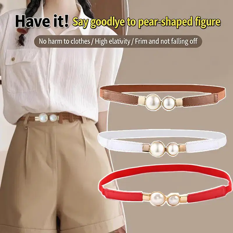 Pearl Buckle Women Elastic Waist PU Leather Skirt Belt Adjustable for Dress Accessory for Business and Parties