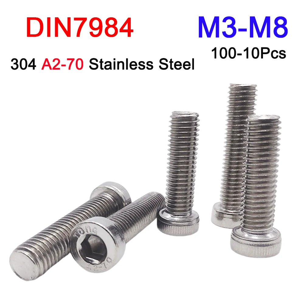 10/25/50/100Pcs M3 M4 M5 M6 M8 304 A2-70 Stainless Steel DIN7984 Hex Hexagon Socket Thin Low Short Profile Head Allen Cap Screw