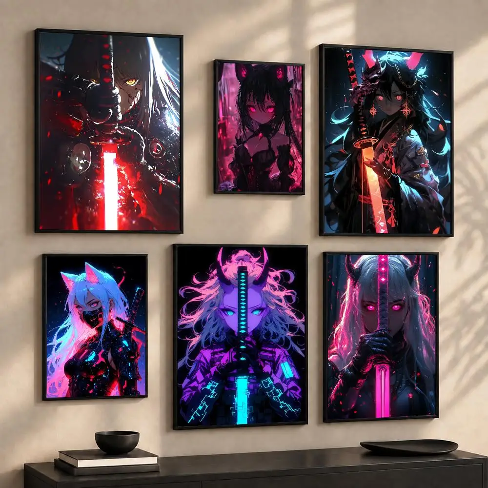 Cool Anime Girl with Katana Poster Wall Art Print Sticker for Bedroom Living Room Dorm Office Modern Home Decor Gift