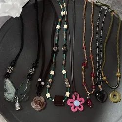 New Goth Vintage Colorful Stones Flower Pendant Necklace for Women Trendy Punk Collier Hippie Aesthetic Jewelry Christmas Gift