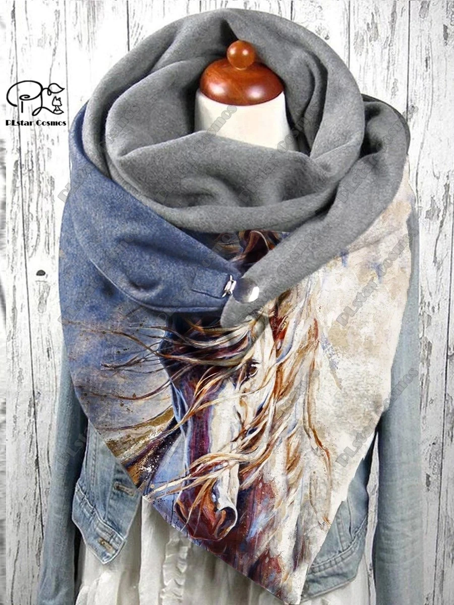 3D printed animal series cute fox horse elk giraffe pattern warm shawl scarf spring and winter large triangle scarf casual gift