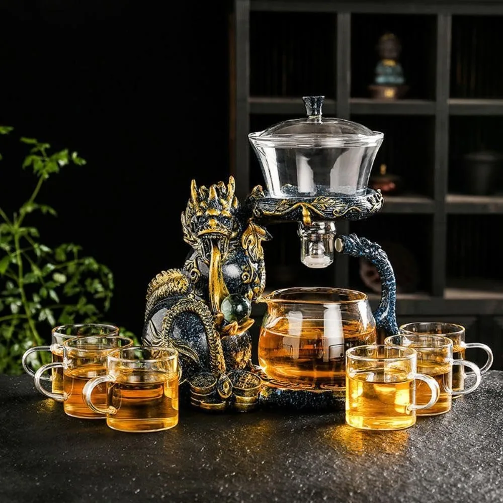 

Blue and Gold Dragon-Themed Semi-Automatic Glass Teapot with Infuser and Six Small Cups
