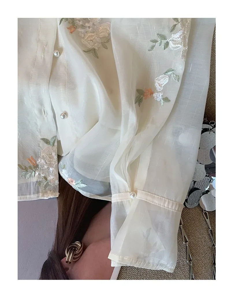 Women\'s Chinese Style Chiffon Blouses, Embroidery, Loose, Long Sleeves, Floral Clothing, Spring, Summer