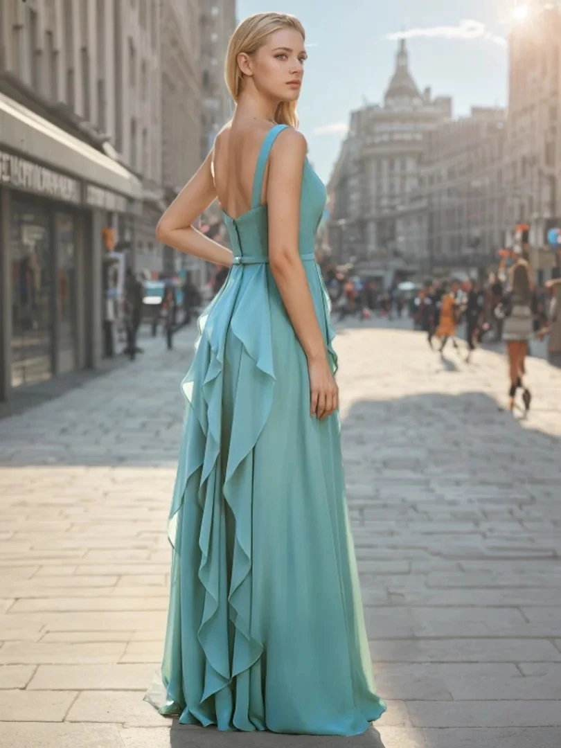 Fashion Sexy A-line Prom Evening Dress V-neck Sleeveless Chiffon Ruffles Floor-Length Wedding Guest Dress 2025 free customized