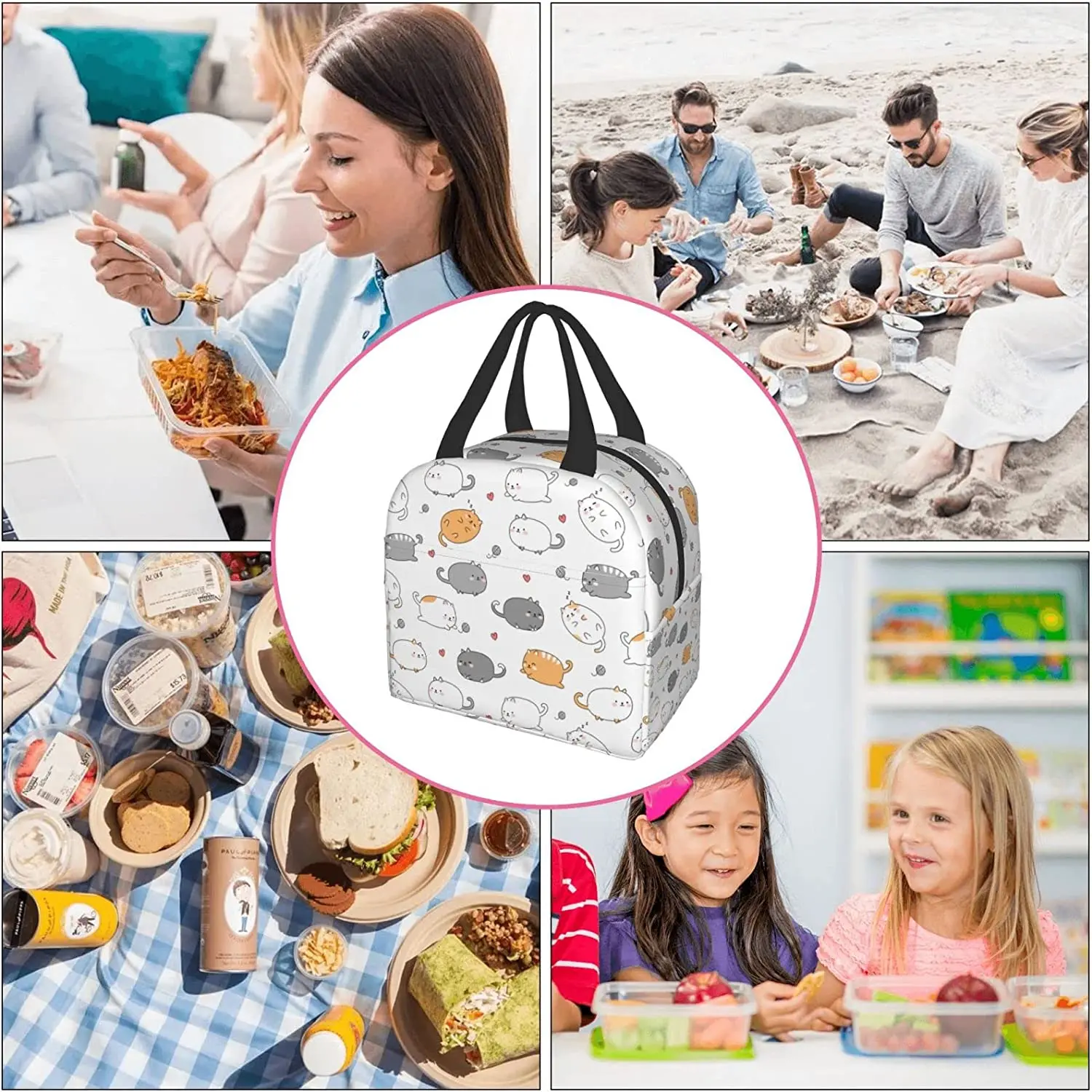 Cute Fat Cat Kitten Lunch Box Bento Box Izolowane pudełka na lunch Wodoodporna torba na lunch wielokrotnego użytku z kieszenią na biurko Piknik Plaża