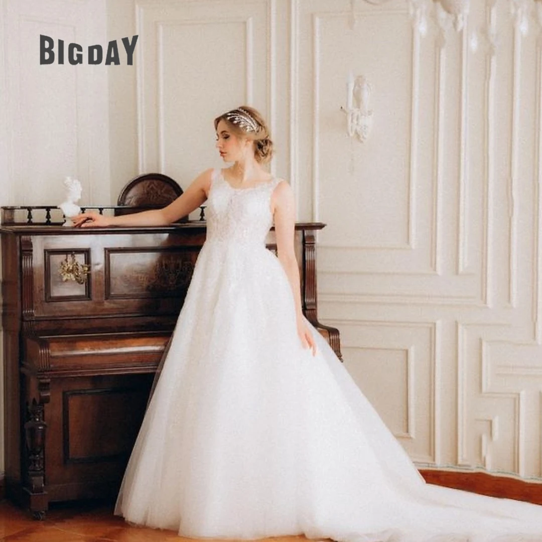 Exquisite Wedding Dress For Woman Spaghetti Strap A-Line O-Neck Lace Appliques Sweep Train Bride Gowns Tulle Vestidos De Novia