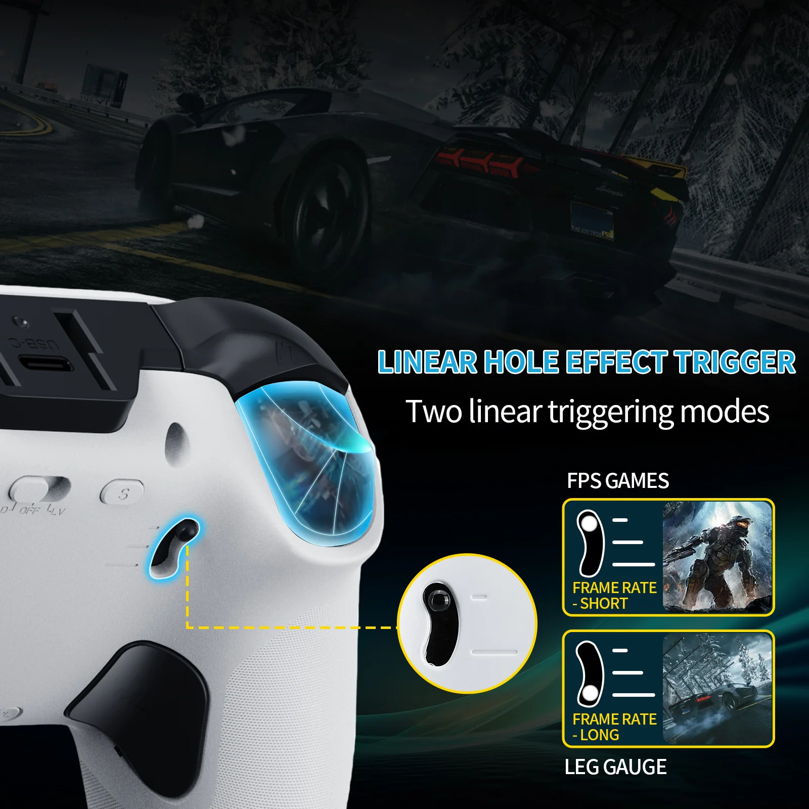 وحدة تحكم ألعاب Hall لأجهزة الكمبيوتر/PS3/Switch/Android/iOS مع شاشة عرض، أعواد القاعة/الزنادات، أزرار خلفية، 5 مستويات Vib، عيار كامل
