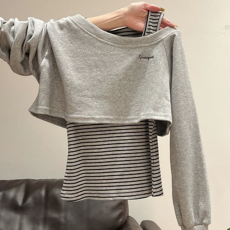 Women 2‑Piece Outfit Gray Off-shoulder Long-sleeved Striped Sweatshirt Women Autumn Design Matching Vest Two-piece Set