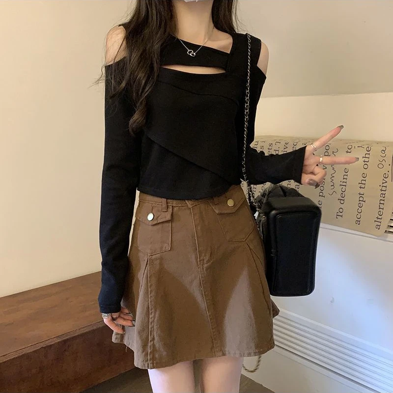 T-shirts Women Hollow Out Irregular Design Chic Soft Basic Temperament All-match Solid Inside Casual Korean Style Femme Clothes