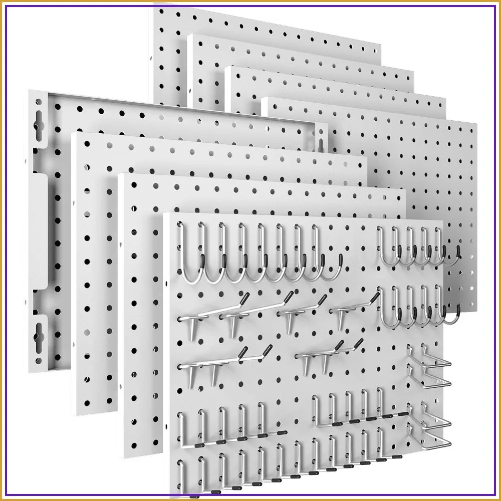 8 Pack Metal Pegboard Panels with 50 Hooks - White Wall Organizer for Garage, Home, Office, Craft Room