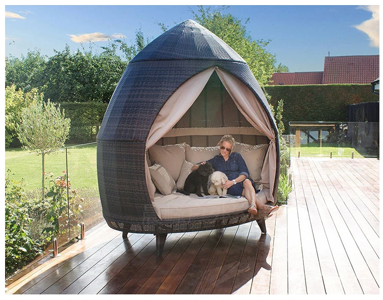 Lettini a baldacchino in vimini a forma di nido, terrazza, giardino e piscina, mobili da esterno utilizzando lettini prendisole