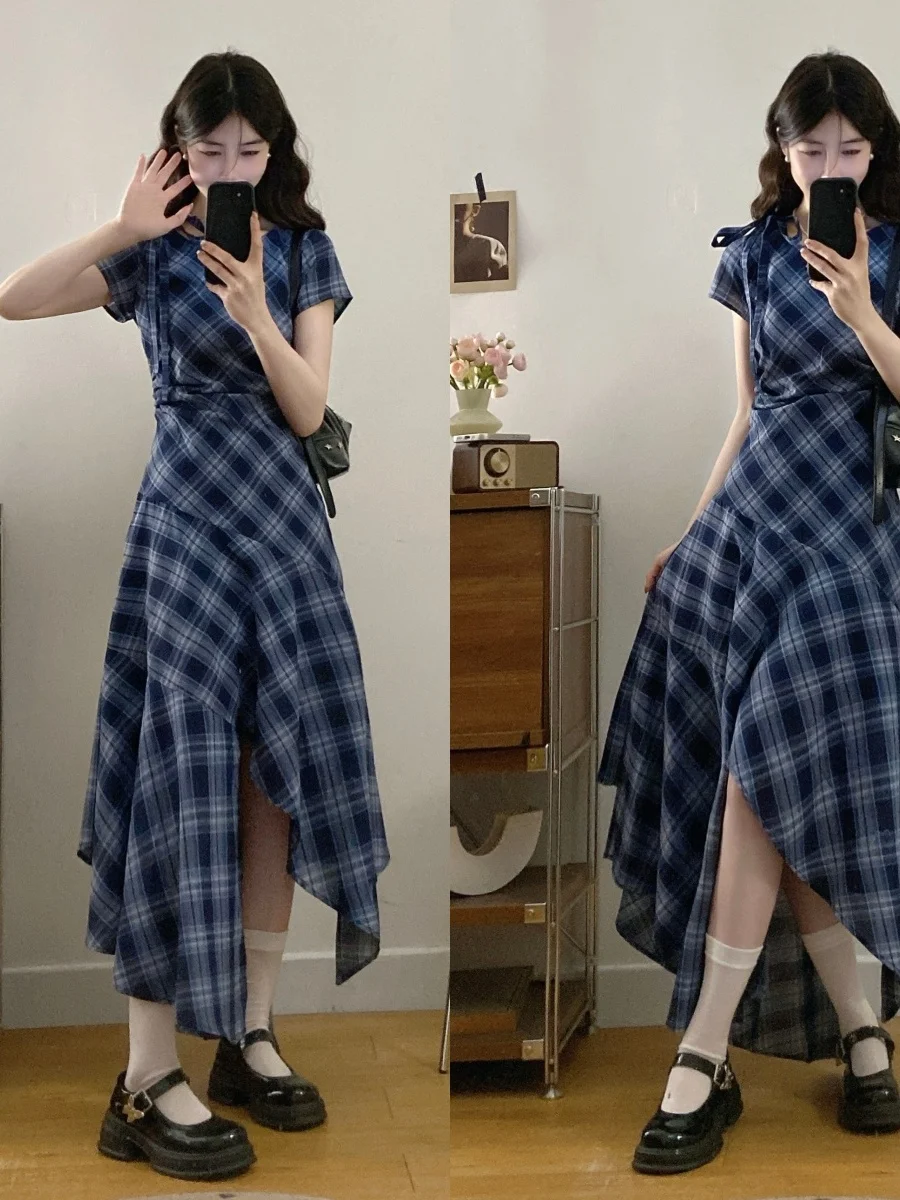 

plus Size Summer New Design Retro Blue Plaid Slimming Asymmetrical Women's Dress High Waist Short Sleeve Mid-Length Skirt