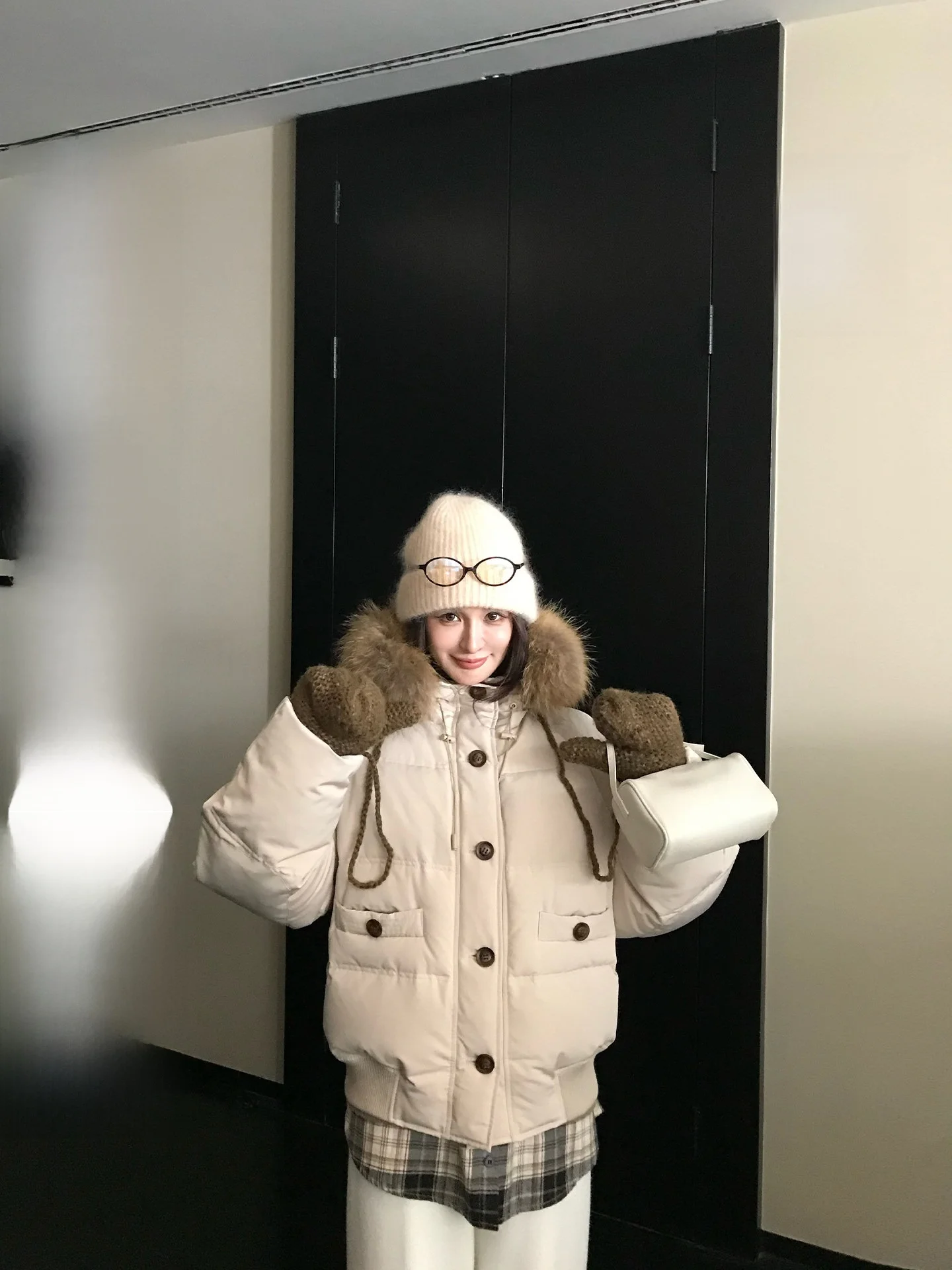 

Skk Store Winter Jaet White Du down mat Outdoor Puffer Coat Rabbit Fur Collar Warm Long Sve Thiened Cotton