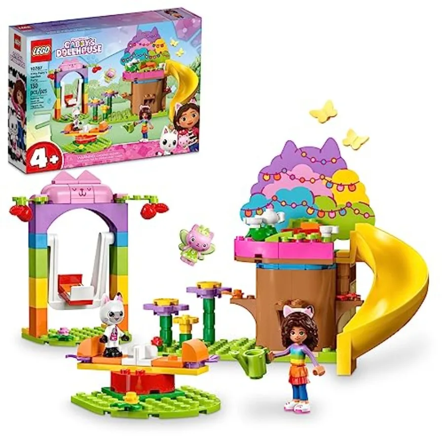 

Building toy for garden party scene: wooden tree house with swing, slide, merry-go-round; includes Gabby and Pandy Paws figures