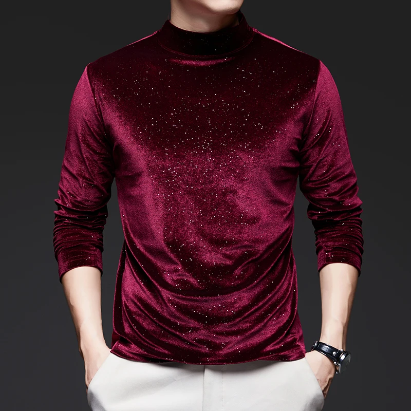 New Arrival Gold Velvet Men\'s Tees 2024 Autumn Fashion Bright Stars Silk Velvet  Clothes Tops Male Mock Neck Soft Velour Shirts