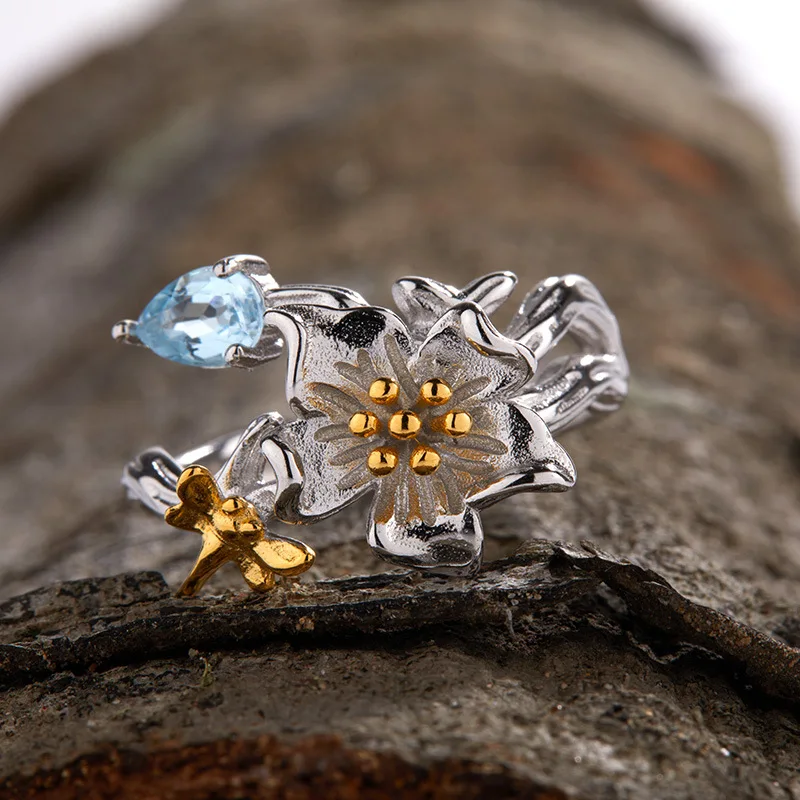 

Hot Selling Colorful Gemstone Ring JewelryS925Silver Inlaid Natural Topaz Heart Flower Ring for Women