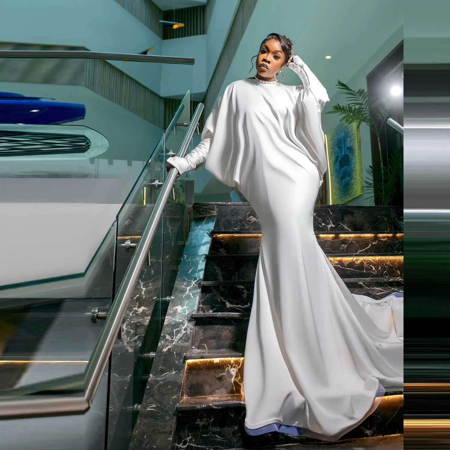 Abito da ballo taglie forti con maniche lunghe con fiocco grande Abiti da sera formali da donna africani Abiti da sera sexy a sirena con retro