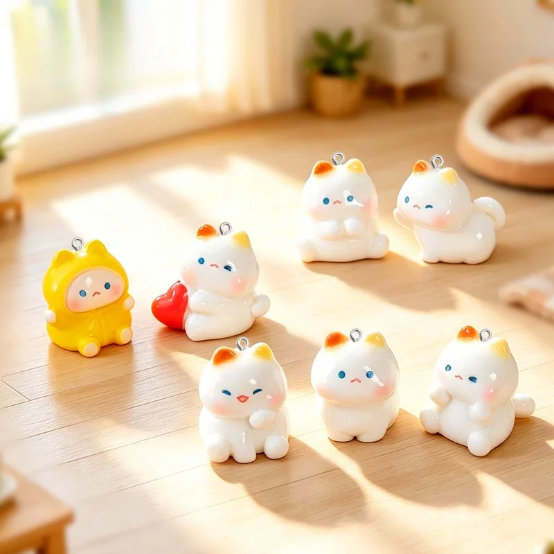 10Pcs Cute Cartoon Cat Resin Pendants Ring for DIY Keychain Bag Ornament Jewelry Making Handmade Craft Supplies With Eye Pin