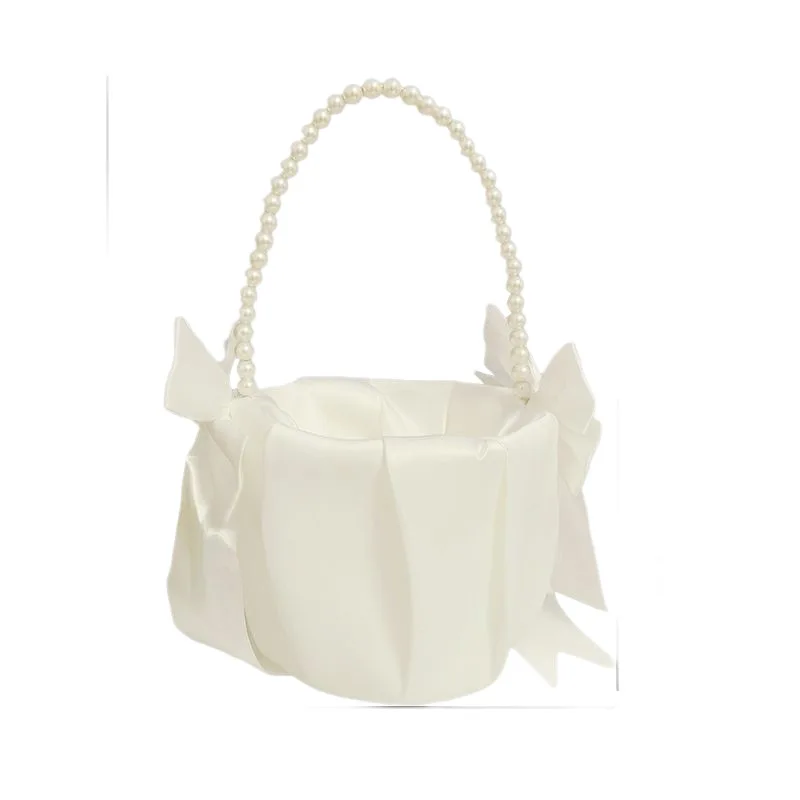 1Pcs Pearl Handle Flower Basket Satin White Western Wedding Basket Kids Hand Held Wedding Bowknot Flower Basket Party Decor image 6