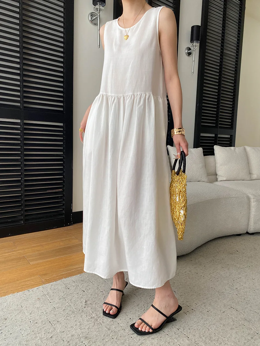 Sommerliches, lässiges, einfarbiges, ärmelloses Patchwork-Kleid mit Rundhalsausschnitt für Damen – Detail 25
