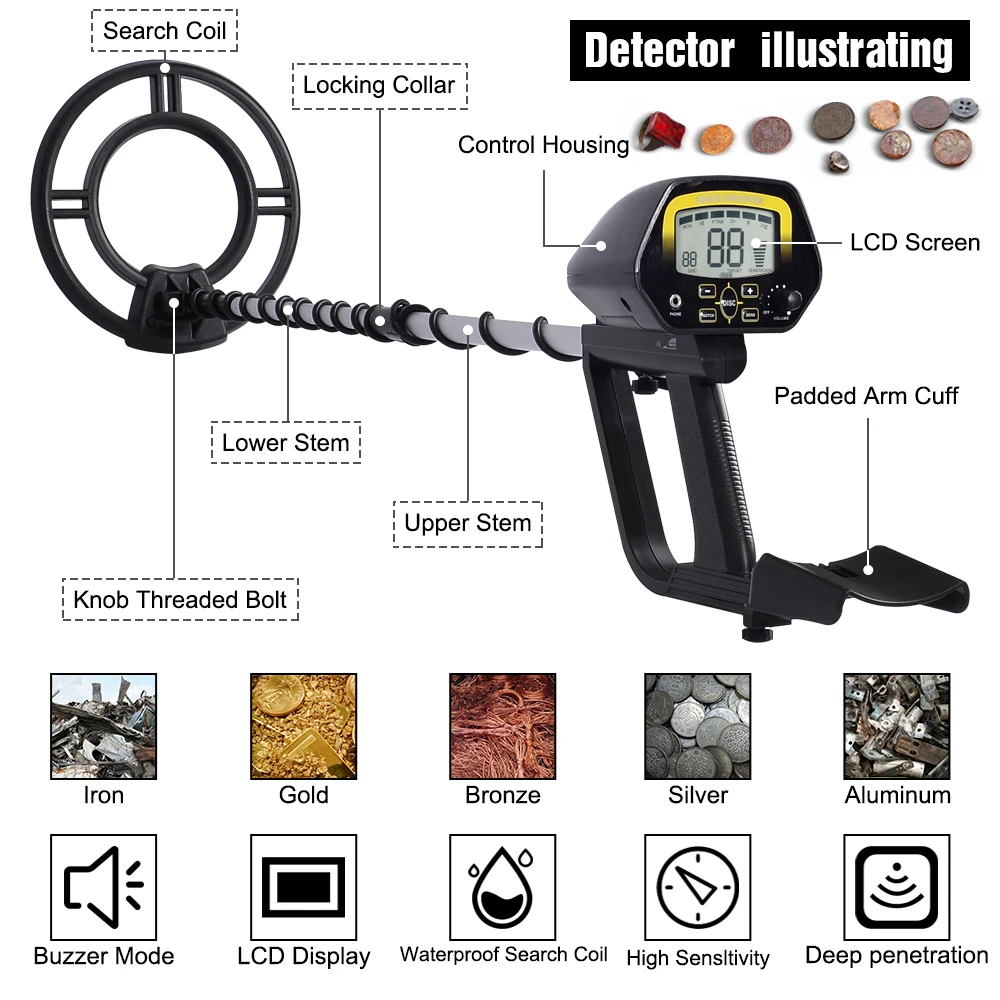 LCD Display MD-4060 Metal Detector Gold Digger Treasure Hunter Adjustable Sensitivity Waterproof Search Coil Detect All Metal