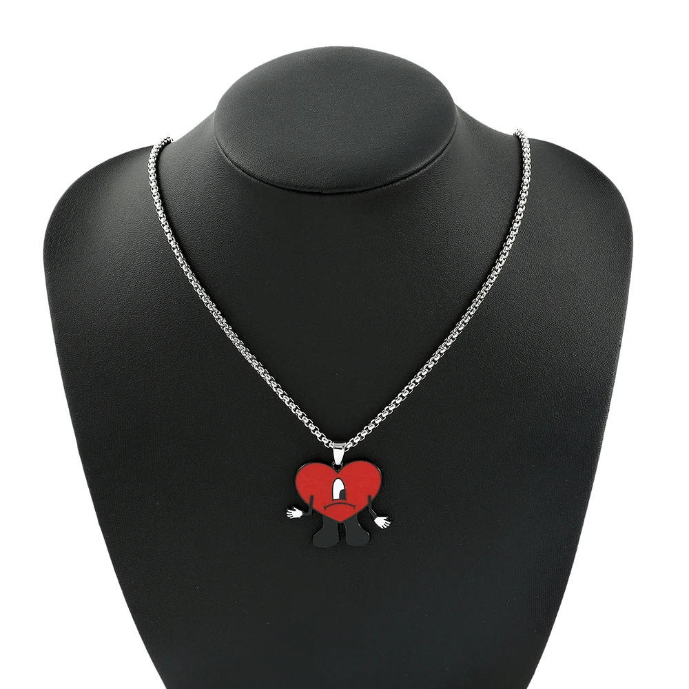 Trend Bad Bunny Necklace Cosplay Singer Bad Rabbit Red Heart Pendant Neck Chain Cute Decoration Jewelry Accessories for Fan Gift