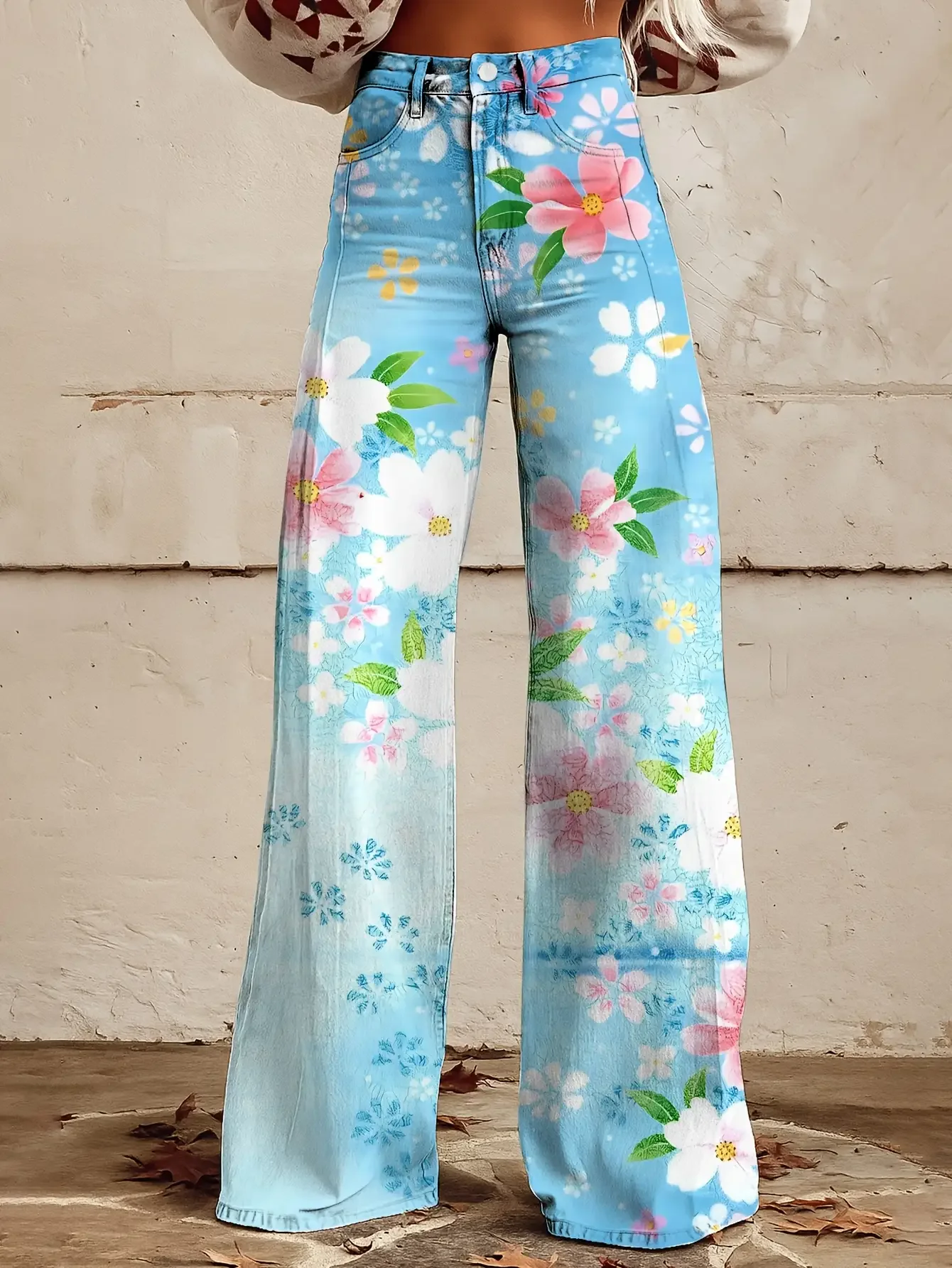 Women's slim fit wide leg flared pants, European and American niche women's irregular 3D printed jeans wide leg pants