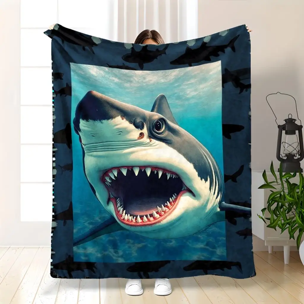 Deep-sea Shark Theme Flannel printed blanket suitable for all seasons suitable for living room office sofa and travel 180x250CM