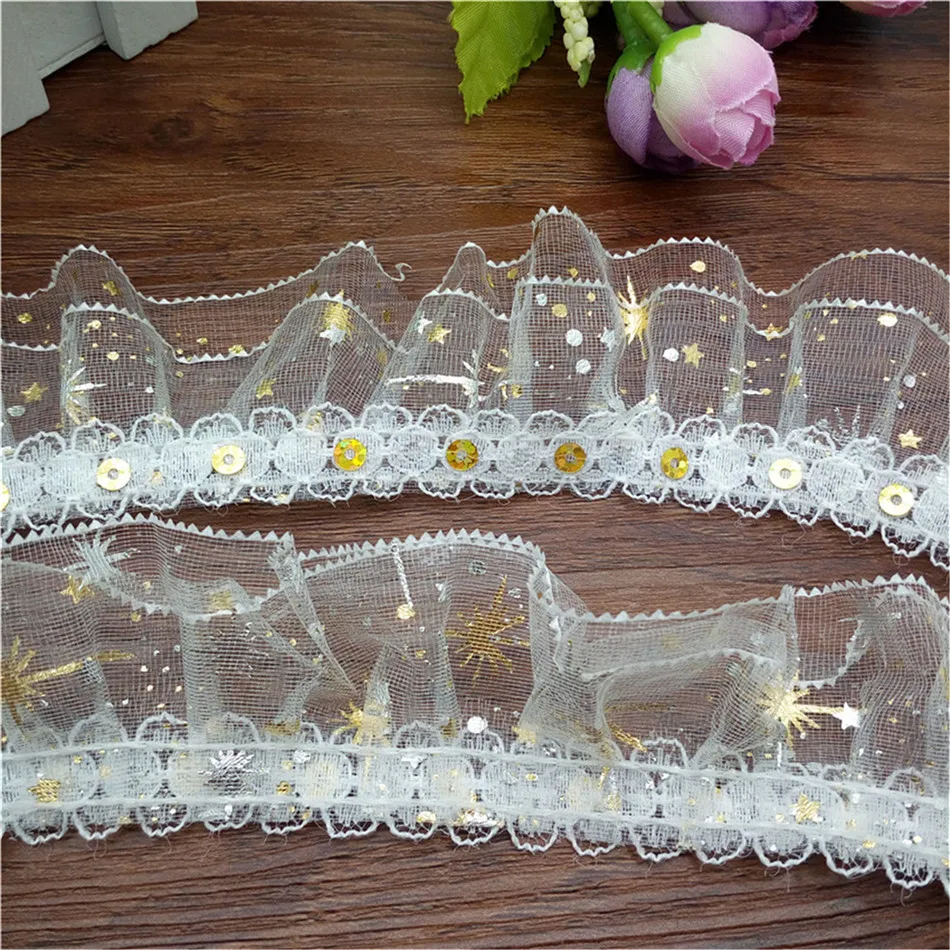 1/ 3/ 5yards 3-Layer Golden Silver Stars Flower Lace Gathered Pleated sequined Trim DIY Lace fabric