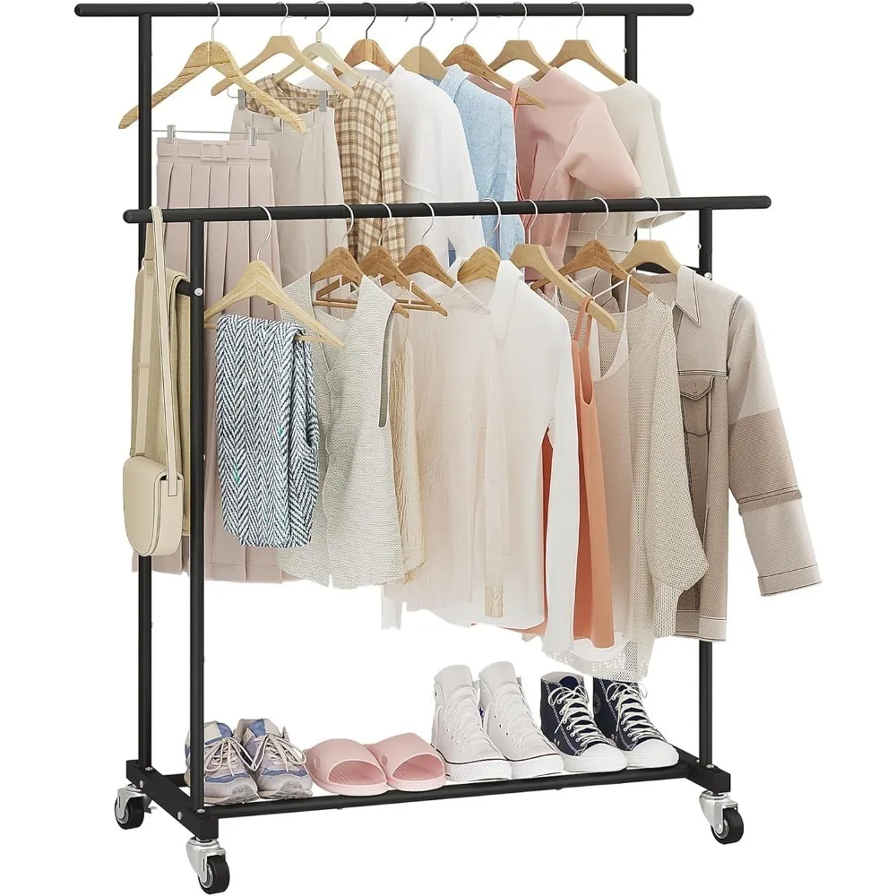 

Double Rod Rolling Hanging Garment Rack Portable Clothes Organizer for Bedroom Living Room Clothing Store Black