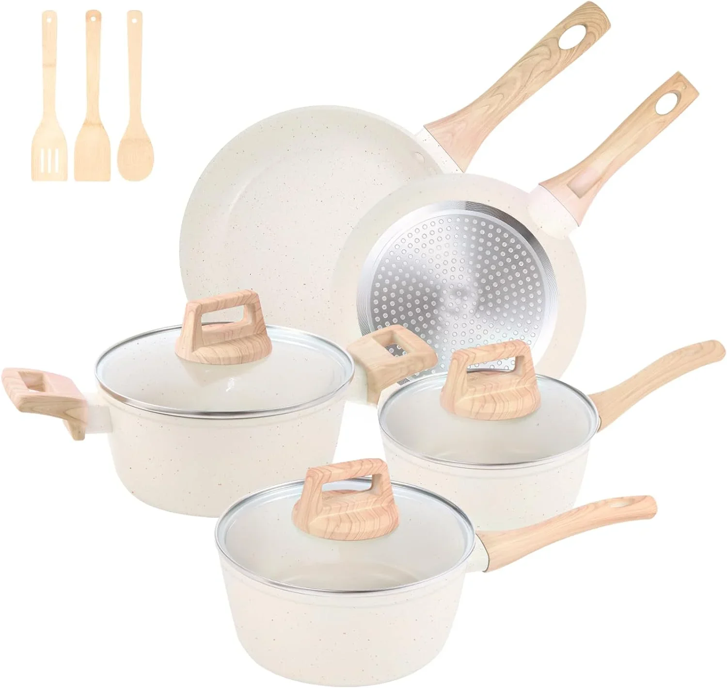 Pots and Pans Set Nonstick, 10/11pcs Kitchen Sets Induction Cookware,Stay Cool Handle & Bamboo Utensils