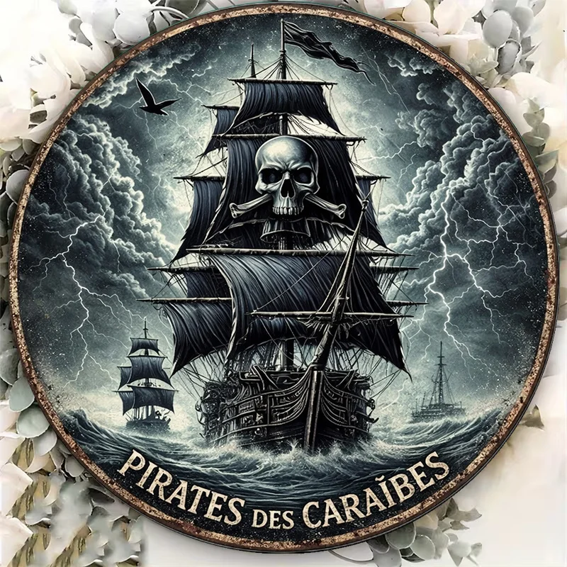 2D Flat - 1pc 8*8In/20X20Cm 2D Flat Round Sign, Vintage Plaque about Pirates, Caribbean Pirate Decorative Sign, Suitable for Bar
