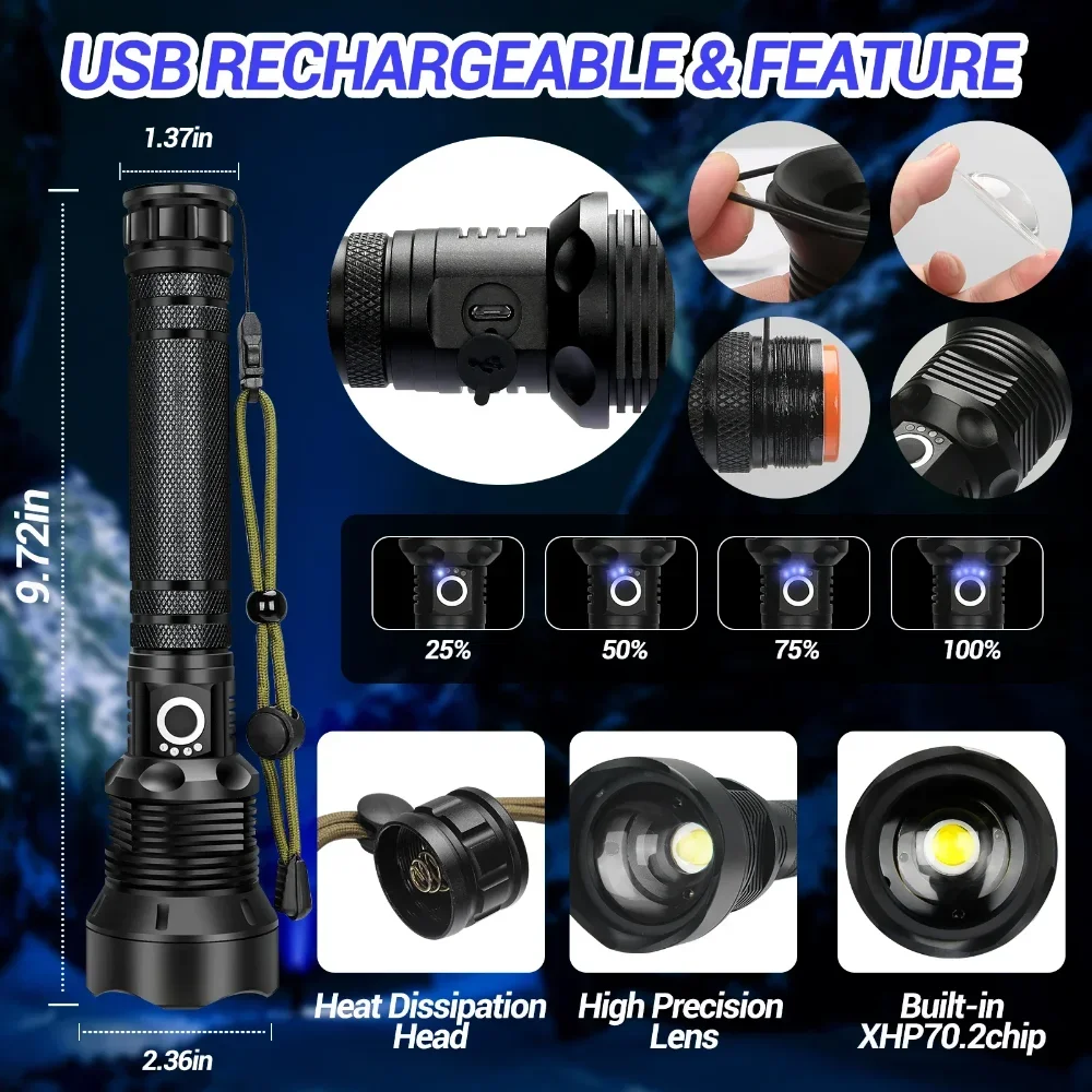 USB Powerful XHP70.2 Flashlight Torch Super Bright Rechargeable Zoom LED Tactical Torch XHP70 18650 or 26650 Battery Camp Lamp