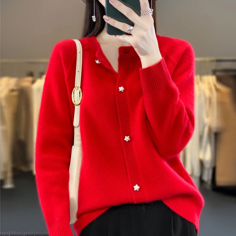 Women\'s Autumn And Winter Sweater Round Neck Basic Casual Loose Sweater 100% Pure Wool Long Sleeve Cardigan Korean Pop Top-D128