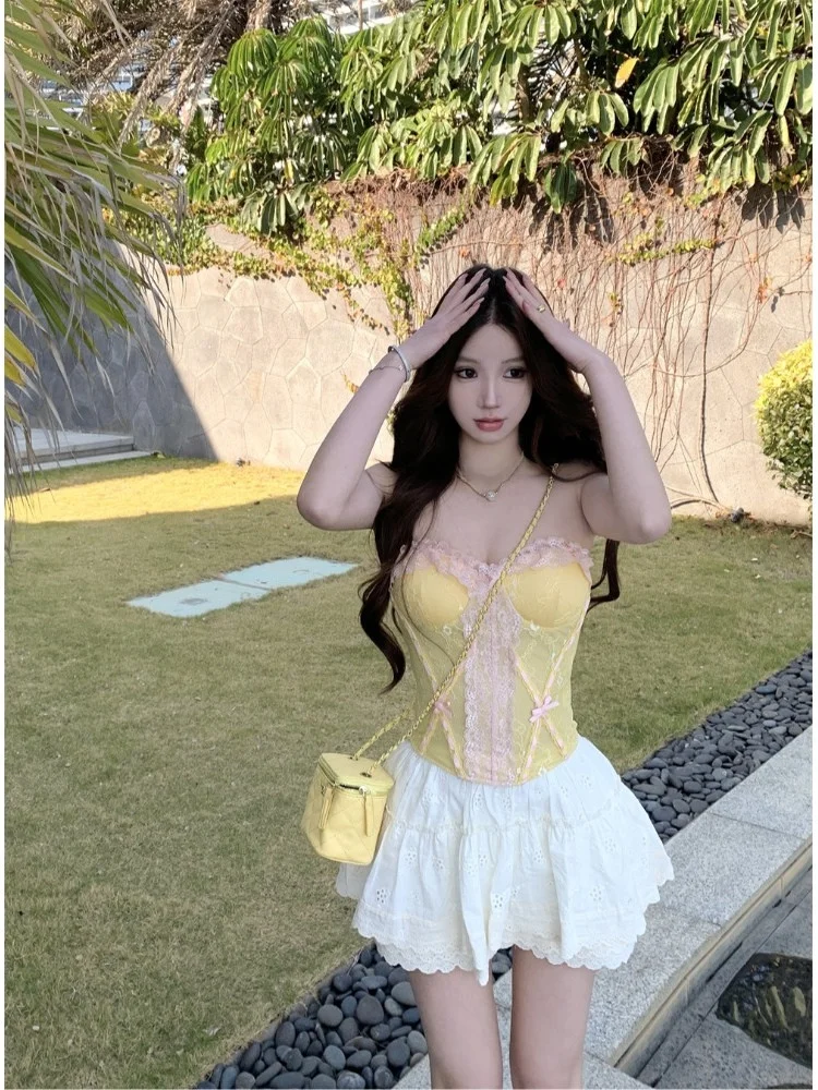 

Желтый кружевной укороченный топ, женский облегающий жилет Csole с дизайном Fibone, летняя милая и пряная верхняя одежда irt