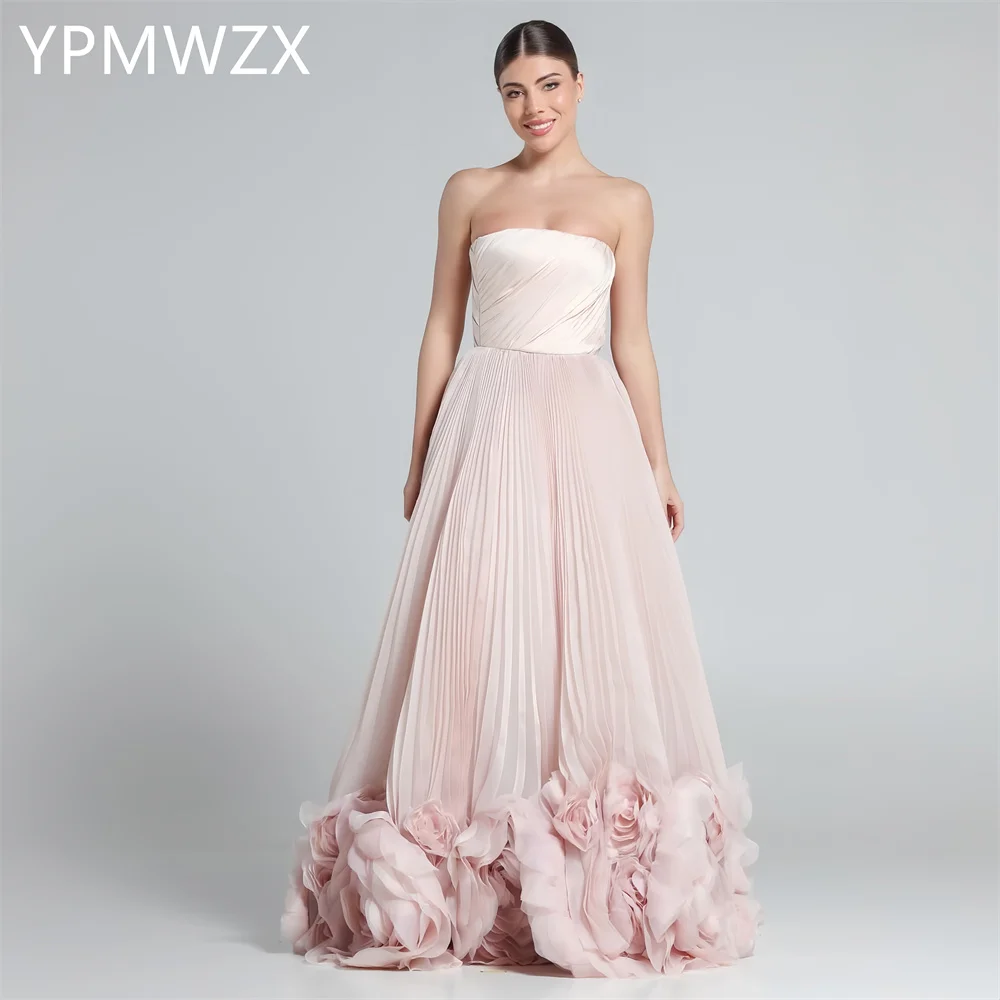 

Customized Prom Gown Formal Evening Dress Women YPMWZX Strapless A-line Floor Length Skirts Fold 3D Flower Bespoke Occasion Dres